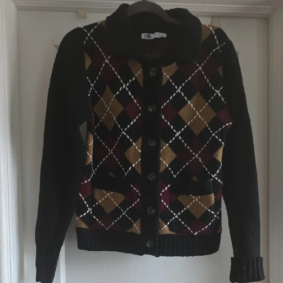 Zara Black Argyle Cardigan Sz Large - Picture 2 of 6